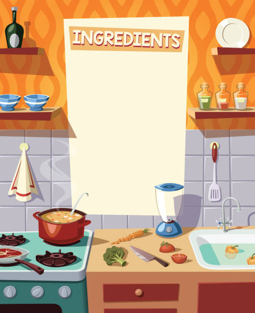 ilustrações de stock, clip art, desenhos animados e ícones de kitchen  interior and cooking ingredients vector illustration - sink domestic kitchen kitchen sink faucet