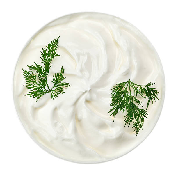 istock Sour cream in small round plate with dill twig 113712186