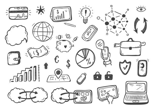 ручная нарисованная doodle интернет вещей, фондовый рынок, облачные вычислительные технологии, финансовые и бизнес иконки векторный набор - sketch globe social networking connection stock illustrations