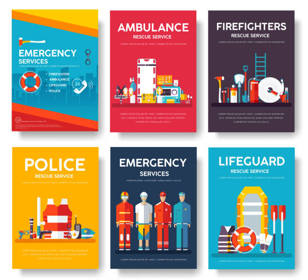 Firefighter, rafting, police, medicine rescue cards template set. Flat design icon of flyer, magazines, posters, book cover, banner. Emergency services layout concept pages with typography background Firefighter, rafting, police, medicine rescue cards template set. Flat design icon of flyer, magazines, posters, book cover, banner. Emergency services layout concept pages with typography background. police and firemen stock illustrations