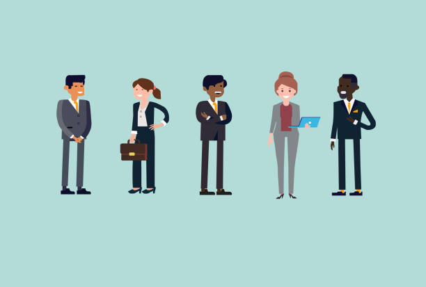 Vector of multicultural happy cartoon characters business people team Vector of multicultural happy cartoon characters business people team on marine blue background funny contract stock illustrations