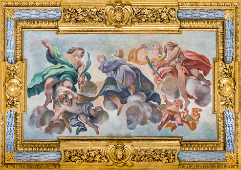 Framed fresco in the Basilica of the Santi Ambrogio e Carlo al Corso, in Rome, Italy.