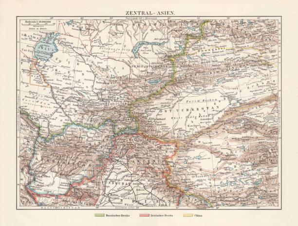 ilustraciones, imágenes clip art, dibujos animados e iconos de stock de mapa topográfico histórico de asia central, litografía, publicada en 1897 - british colony