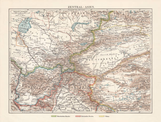 illustrations, cliparts, dessins animés et icônes de carte topographique historique de l'asie centrale, lithographie, publiée en 1897 - india map cartography pakistan