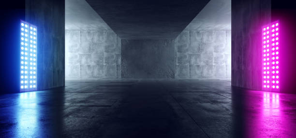 istock Studio Stage Glowing Neon Led Laser Lights Blue Purple Ultraviolet Sci Fi Modern Retro Room Grunge Concrete Rough Texture Empty Hall Garage Underground 3D Rendering 1137133675