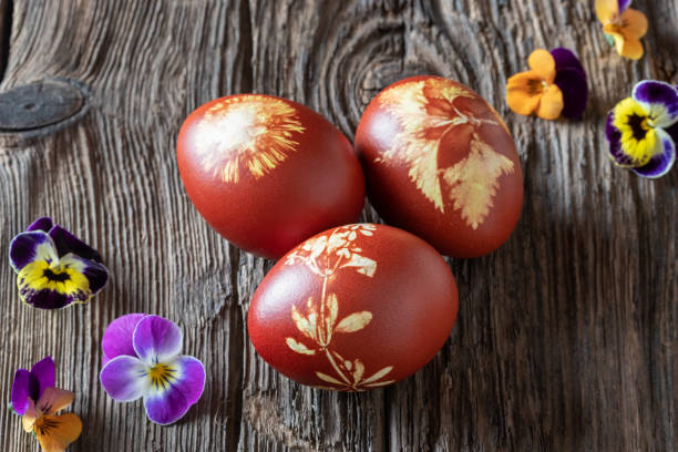 istock Easter eggs dyed with onion peels with a pattern of fresh herbs 1137134278