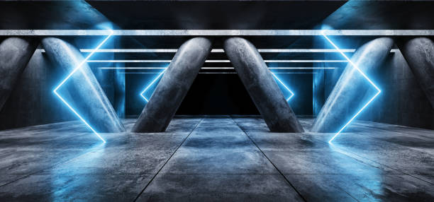 istock Dark Empty Garage Hall Underground Cement Grunge Concrete Columns Triangle Shaped Sci Fi Vibrant Blue Neon Glowing Modern Elegant Style Hall Tunnel Corridor 3D Rendering 1137134325