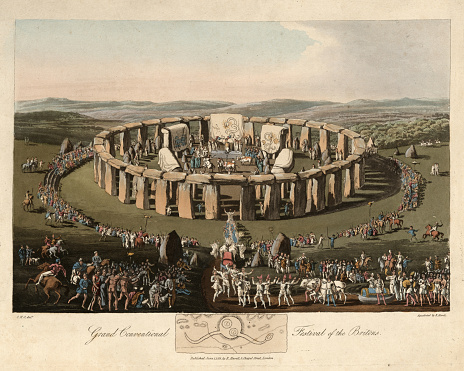 Vintage engraving of Festival of the Britons, Ancient Stonehenge. 1815, The Costume of the Original Inhabitants of the British Islands, by MEYRICK, Samuel Rush and SMITH Charles Hamilton.