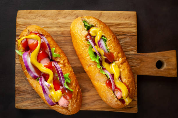 istock homemade hot dogs on concrete background, slate 1137138559