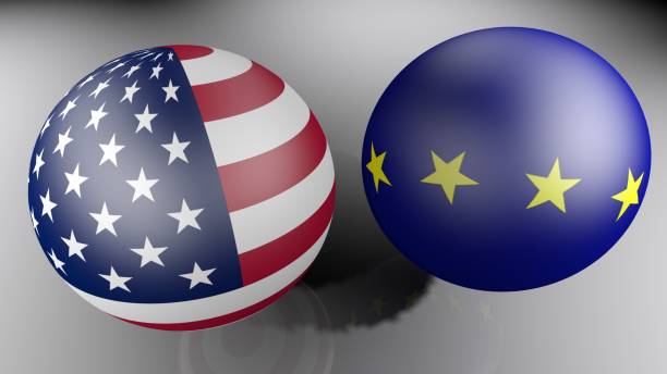 istock American and european flags on two spheres - 3D rendering illustration 1137140486