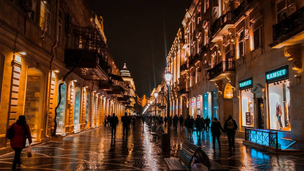 Beautiful Night View Of Niazmi Street, In Baku stock photo