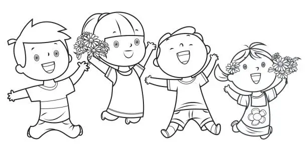 Vector illustration of Coloring Book, Happy Kids Jumping