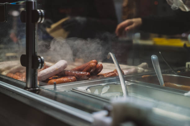 istock Sausages on a display in fast food stall. 1137152064