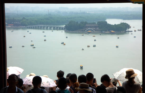 Kunming Lake with Nanhu Island and the 17-Arch Bridge stock photo