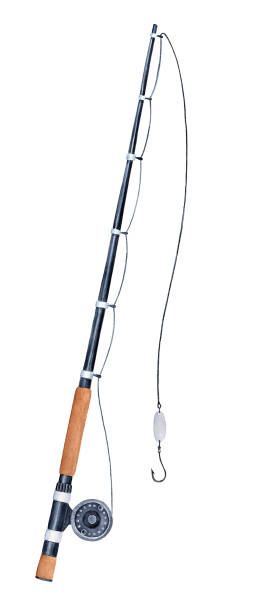 istock Fishing rod watercolour illustration. Tool to catch fish. One single object; black, silver, brown colours. Handdrawn water color sketchy painting on white, cutout clipart element for stylish design. 1137163398