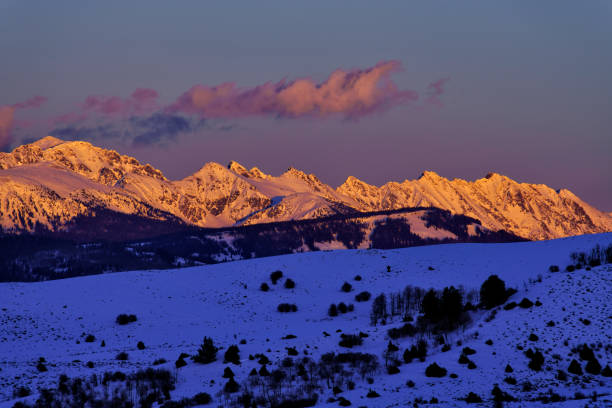 문 라이즈 오버 고 어 레인지 마운틴 랜드 스 케이프 - copy space alpenglow winter mountain range 뉴스 사진 이미지