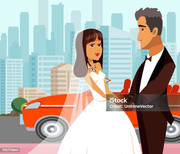 Wealthy Just Married Newlyweds Flat Illustration Stock Illustration - Download Image Now - Adult, Body Care, Bride