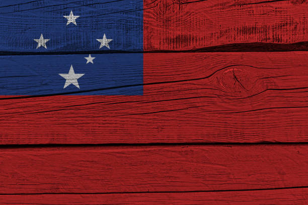 istock Samoa flag painted on old wood plank 1137177791