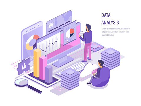 Data analysis. Analysis business, data analytic of graphs, charts, financial research, strategy planning, marketing, team analyze diagrams, study of performance financial budget isometric vector.