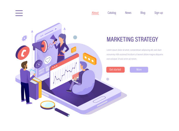 Digital marketing strategy. Social network, media planning, financial analysis. Digital marketing strategy. Social network, media planning, social media, business financial analysis, company promotion, marketing research, business analytics, content strategy isometric vector. brand strategy stock illustrations