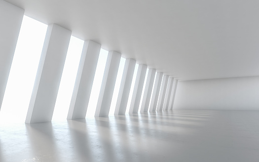 Abstract empty illuminated corridor interior design. 3D rendering.