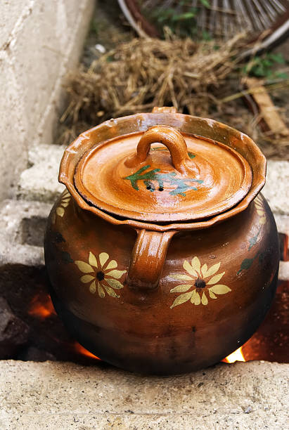 istock clay pot covered in brown, on gray brick fire, close-up 1137192790