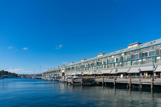 Wharf and bay with blue water on sunny day. Woolloomooloo suburb in Sydney, Australia