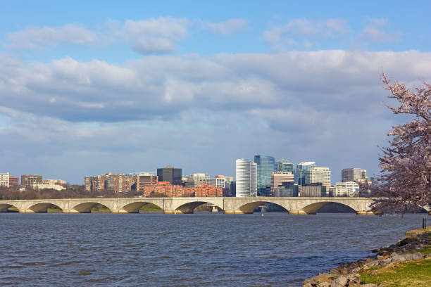 Arlington Memorial Bridge across Potomac River during cherry blossom season.