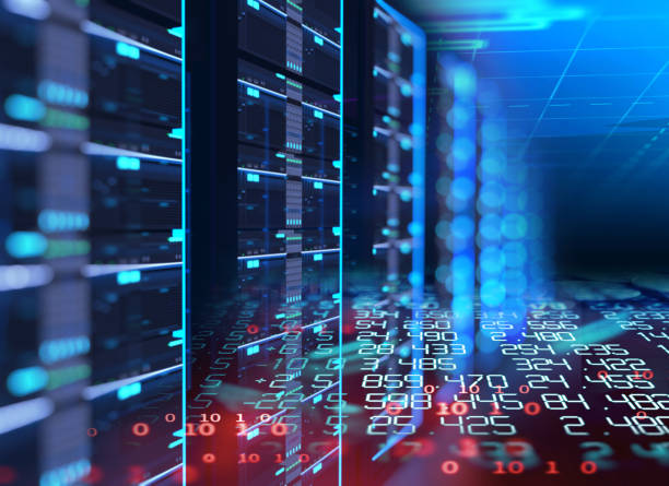 Corridor of  server room with server racks in datacenter. 3d illustration