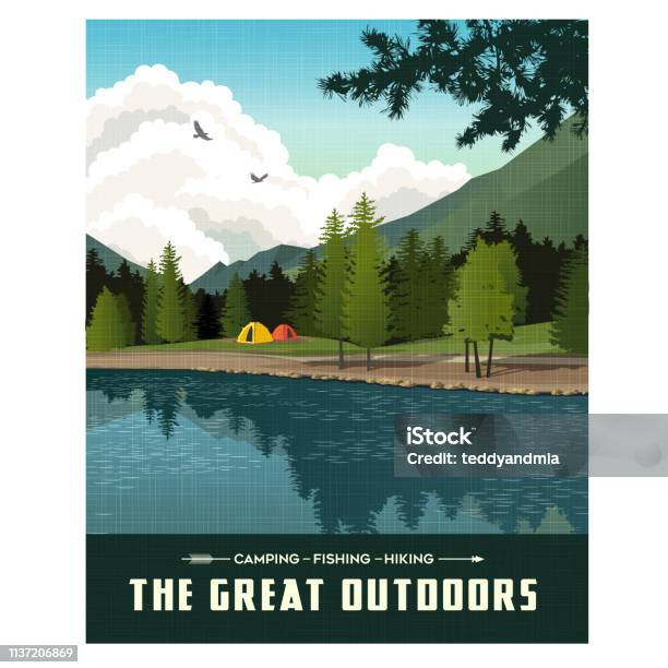 キャンプテントと山森と湖と風光明媚な風景夏の旅行ポスターやステッカーのデザイン - キャンプするのベクターアート素材や画像を多数ご用意 - キャンプする, ポスター, レトロ調