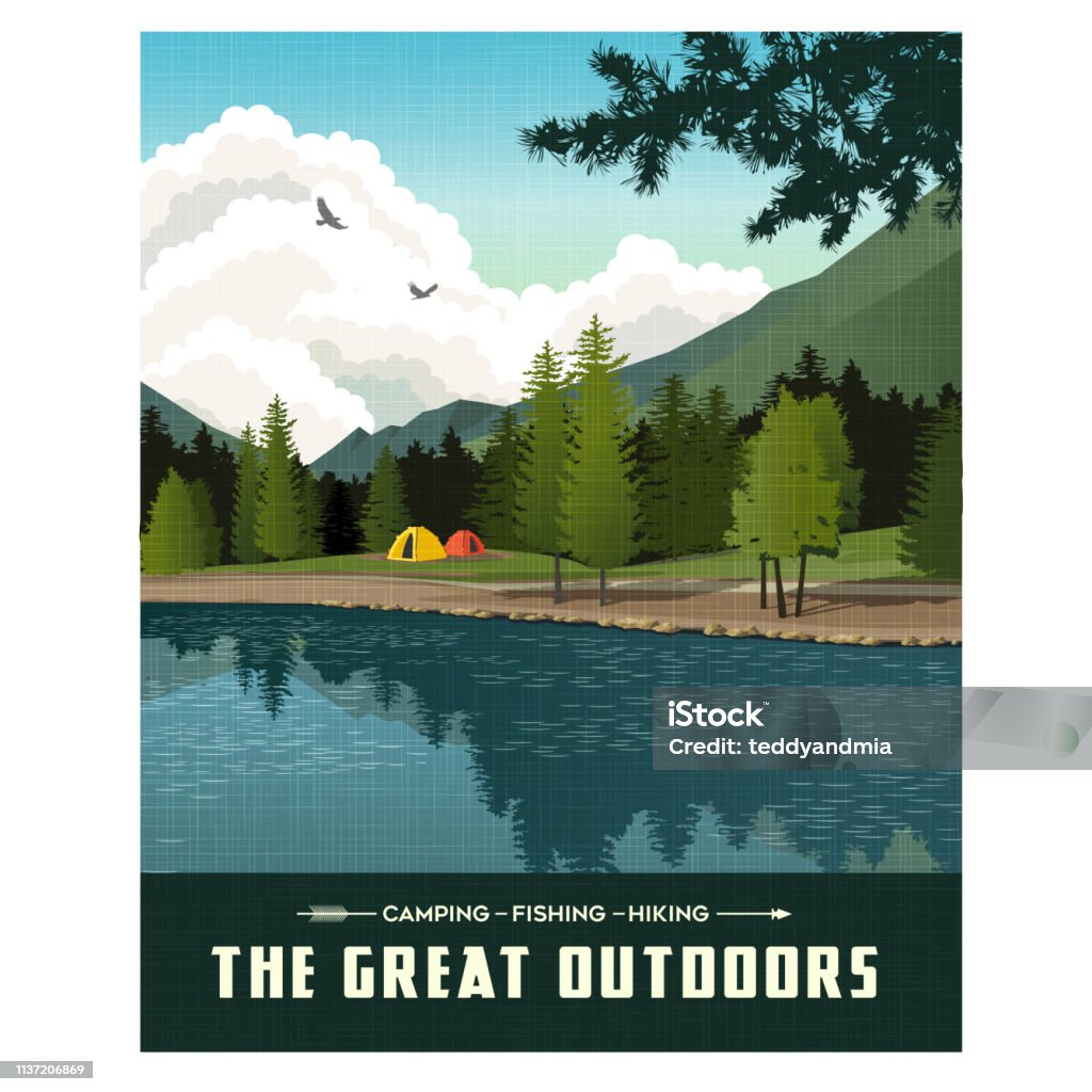 Scenic landscape with mountains, forest and lake with camping tents. Summer travel poster or sticker design. Camping stock vector