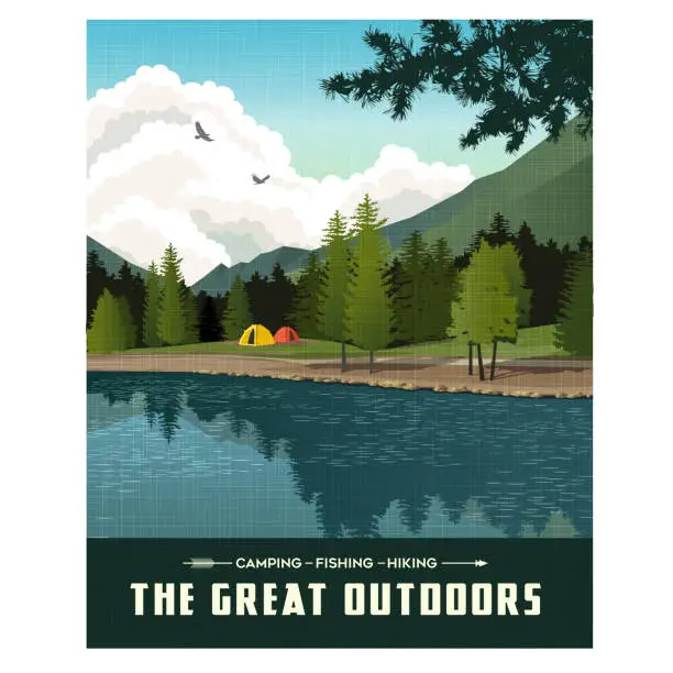 Vector illustration of Scenic landscape with mountains, forest and lake with camping tents. Summer travel poster or sticker design.