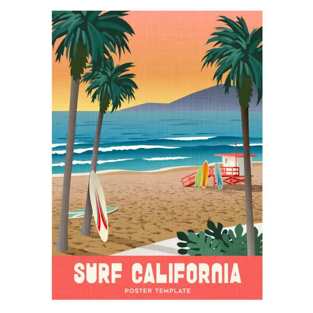 Vector illustration of California surfing travel poster with sunset and palm trees.
