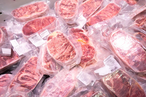 Beef slides in vacuum packages for sale in supermarkets stock photo
