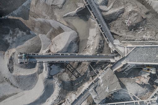 Aerial view of crushed stone quarry machine in a construction material factory