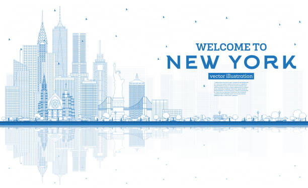 illustrazioni stock, clip art, cartoni animati e icone di tendenza di delinea il benvenuto nello skyline di new york negli stati uniti con edifici blu e riflessi. - brooklyn bridge taxi new york city brooklyn