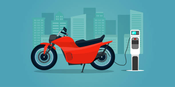 赤い電気バイクは孤立した。電気バイクが充電されています, 側面図.ベクターフラットイラスト。 - electric bicycle点のイラスト素材／クリップアート素材／マンガ素材／アイコン素材