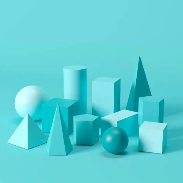 Photo of blue monotone geometric shapes set on blue background. minimal concept idea