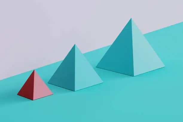 Photo of outstanding pink sqaure pyramid and blue pyramids on blue and purple background. minimal concept idea