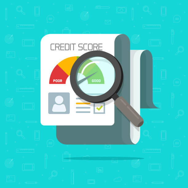 Credit score report research document vector illustration, flat cartoon ranking loan history record investigating or analysis via magnifier glass clipart Credit score report research document vector illustration, flat cartoon ranking loan history record investigating or analysis via magnifier glass credit score stock illustrations