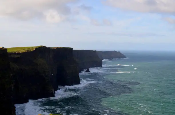 Beautiful towering sea cliffs in Ireland above Galway Bay.