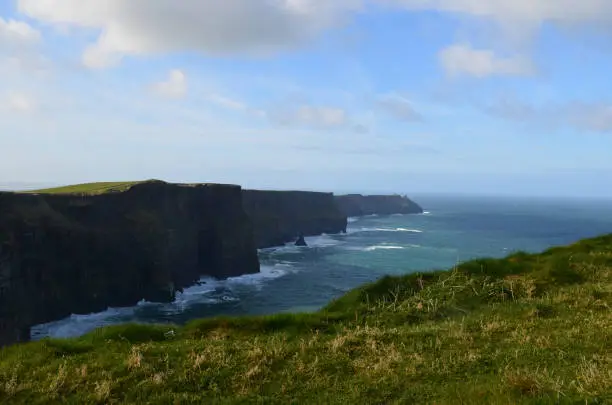 Thick green grass carpeting the top  of the sea cliffs in County Clare Ireland.