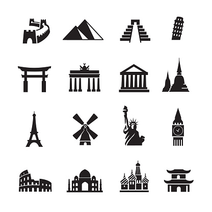 Landmark Travel Icons, Set of 16 editable filled, Simple clearly defined shapes in one color.