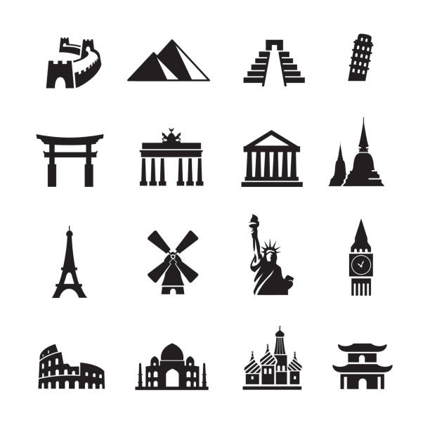Landmark Travel Icons Landmark Travel Icons, Set of 16 editable filled, Simple clearly defined shapes in one color. great wall of china stock illustrations