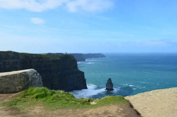 Ireland's needle rock formation with blue skies on the Cliff's of Moher.
