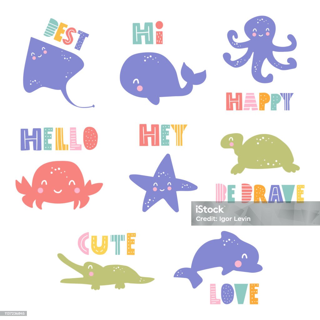 Set of cute underwater animals. Scandinavian, nordic style. Simple hand drawn vector illustration design. Best for nursery, childish textile, apparel, poster, postcard. Scandinavian Culture stock vector