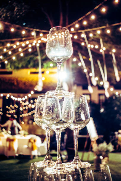 istock vine glasses stair in night wedding day, retro background 1137240449
