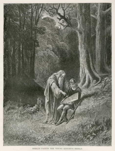 Merlin paints the young knight's shield engraving 1889 Engraving from Idylls of the King poems by Lord Tennyson from 1889 merlin the wizard stock illustrations
