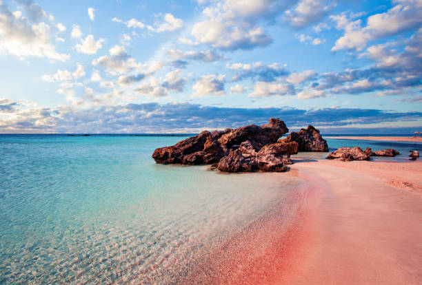 Crete skyline. Elafonissi beach with pink sand against blue sky with clouds on Crete, Greece Crete skyline. Elafonissi beach with pink sand against blue sky with clouds on Crete, Greece crete photos stock pictures, royalty-free photos & images