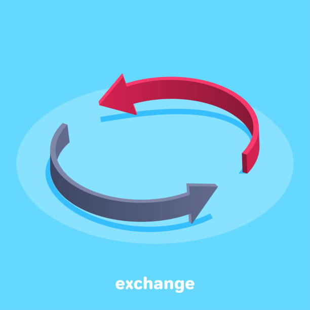 exchange isometric image on a blue background, the icons in the form of arrows denoting the exchange reverse image stock illustrations
